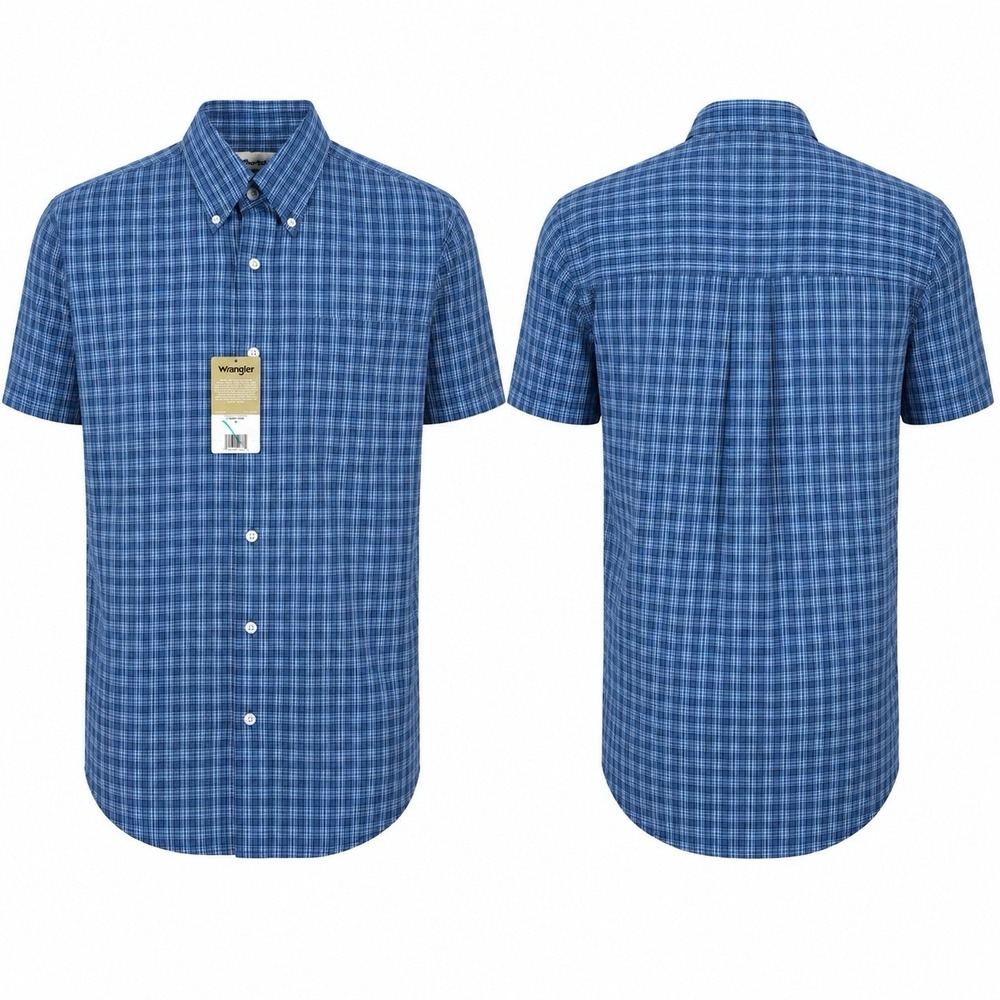 Wrangler Riata Mens M Blue Plaid Short Sleeve Button Front Shirt 10MR2129A